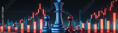 Futuristic 3D illustration of stock market allusion with winlose king chess pieces Standing blue king over fallen red king on candlestick chart screen analysis with room for text f photo