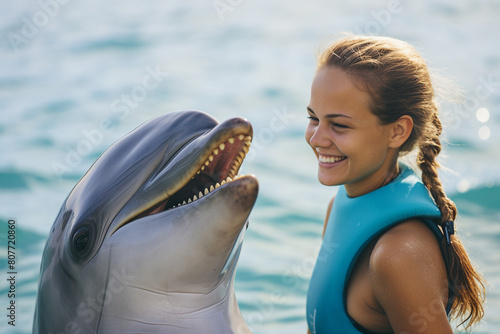 People swimming with dolphins aquapark Generative AI creation colorful summer picture selfie