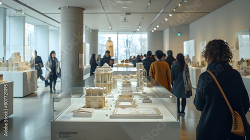 A museum exhibit displaying historical structures, with museum visitors in the background, during an architectural history event photo