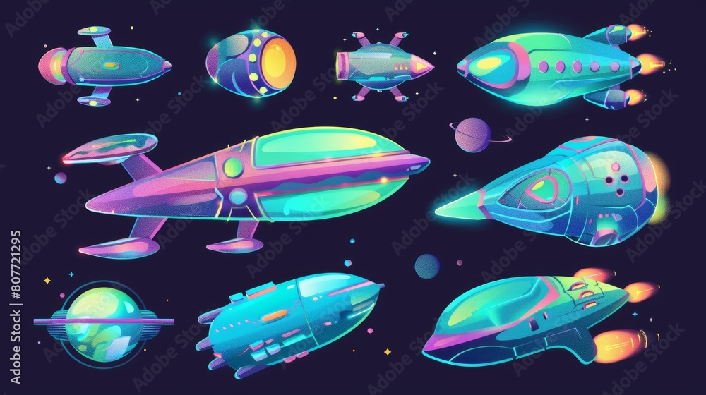 A cartoon alien spaceship icon set. UFO shuttle cute illustration. Colorful spaceship UI assets. Spaceship travel transportation for cosmos. A cartoon alien spaceship icon set. UFO shuttle cute illustration. Colorful spaceship UI assets. Spaceship travel transportation for cosmos.