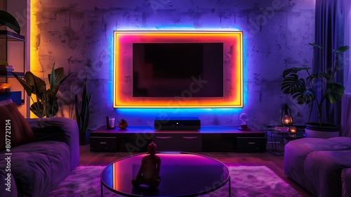 A TV lounge with a TV surrounded by a custom LED light frame that changes colors photo