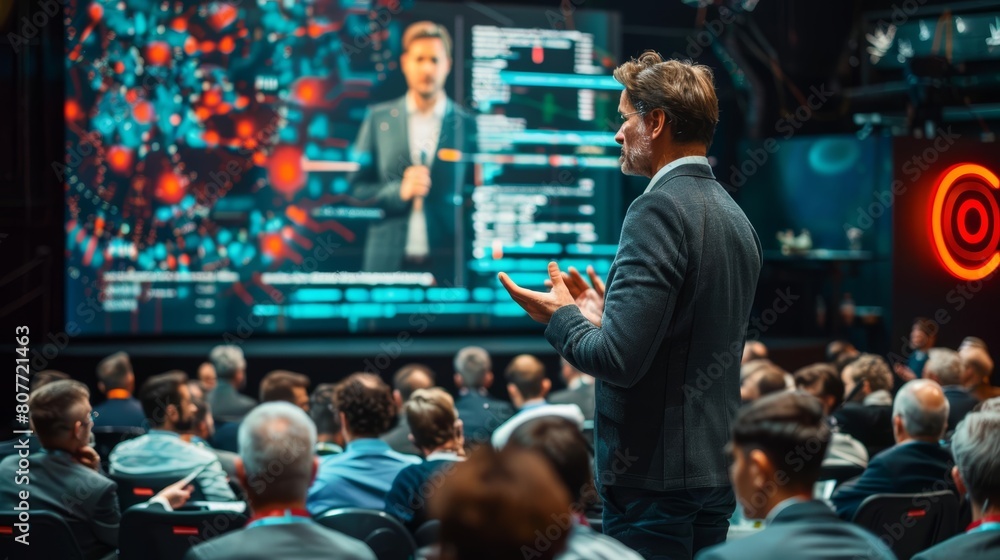 A man in a suit giving a presentation to a large audience at a business conference or symposium on a stage with a big screen and the public sitting in front of him A businessman ma