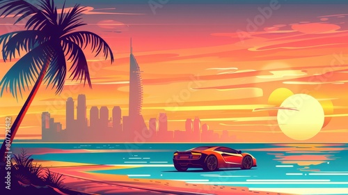 A car drive on a road near the sea, a skyscraper backdrop in the sunset, a palm tree on an embankment next to the ocean in the town, a holiday cartoon illustration in the summer. A water coast © Mark