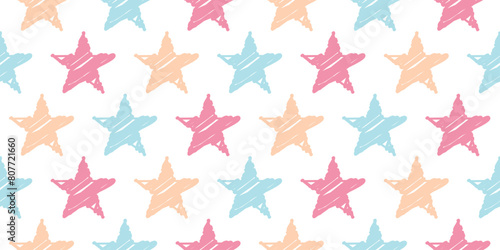 hand drawn star pattern. colorful repeating pattern for kids on white background. can be used for wallpaper, textile, wrapping paper, print, pattern fills, web page background. vector illustration