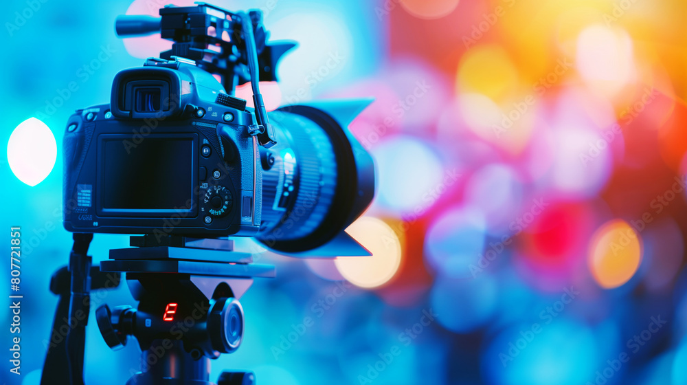 Professional digital camera on a tripod with a colorful blurred background, capturing vivid bokeh lights.