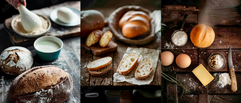 Three images of food on rustic wooden table, including bread, eggs and butter Three images of food on rustic wooden table, including bread, eggs and butter