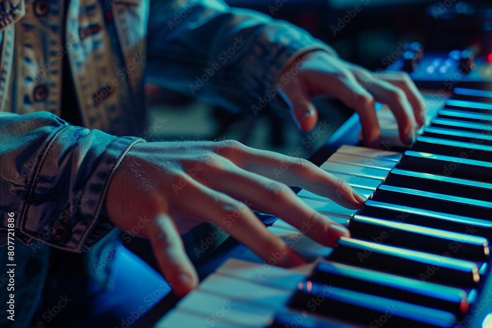 Close up cropped image of hands playing music instrument made by generative ai technology Close up cropped image of hands playing music instrument made by generative ai technology