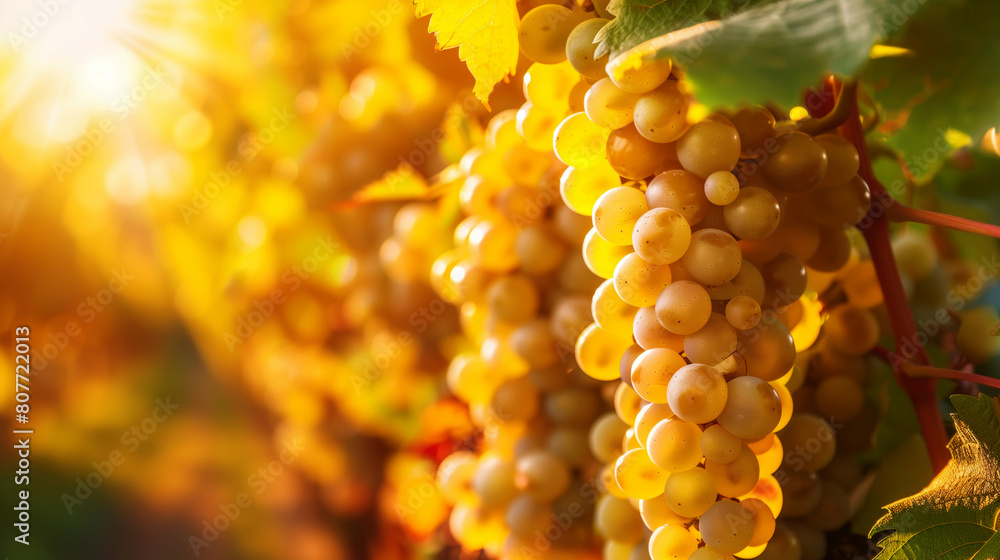 Fototapeta premium Close-up view of ripe white grapes on the vine under bright sunlight in a vineyard.