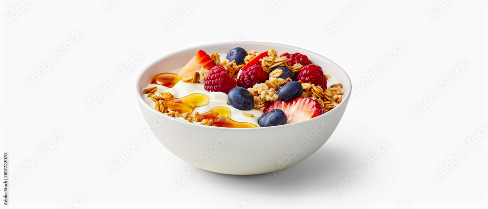 Front view of bowl of cereal with blueberries and strawberries Front view of bowl of cereal with blueberries and strawberries