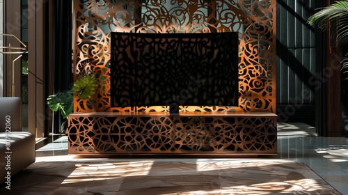 A TV lounge with a TV that emerges from a custom-designed wooden panel with intricate laser-cut patterns, casting intriguing shadows