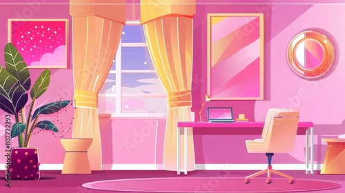 The background of this groovy room modern interior design features a girly bedroom inside with a bed, mirror, and a computer in the morning, along with a vintage armchair, a Y2K poster, and a window.