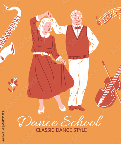 Dance school with a charming vector poster with an empty text space with an elderly couple dancing