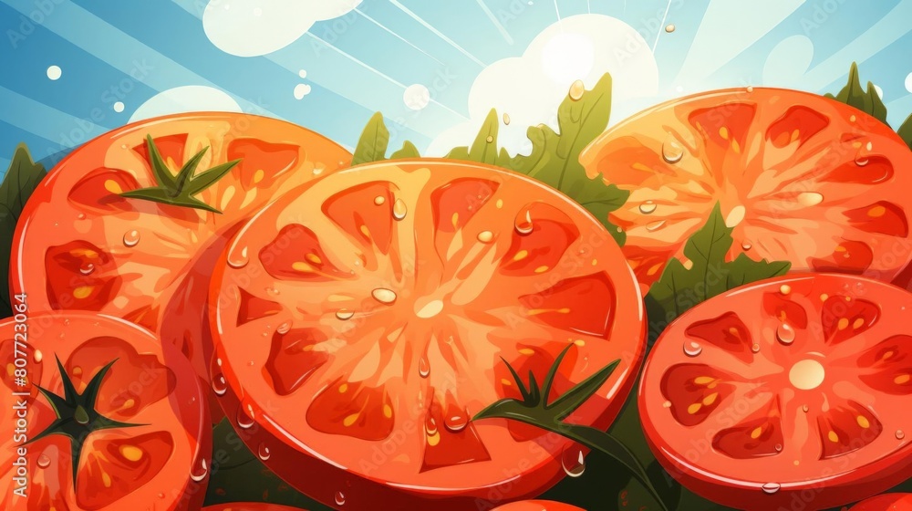 a vibrant illustration of sliced tomatoes and lemons on a dark background. The bright colors of the fruits contrast beautifully against the dark backdrop a vibrant illustration of sliced tomatoes and lemons on a dark background. The bright colors of the fruits contrast beautifully against the dark backdrop