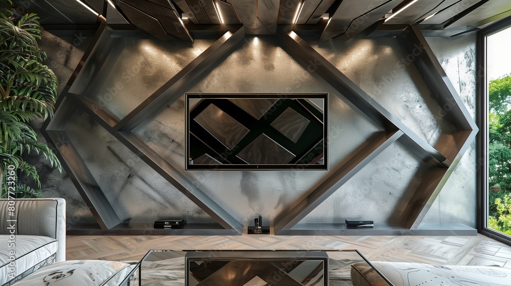 A TV lounge with a wall-mounted TV framed by a geometric arrangement of metal panels