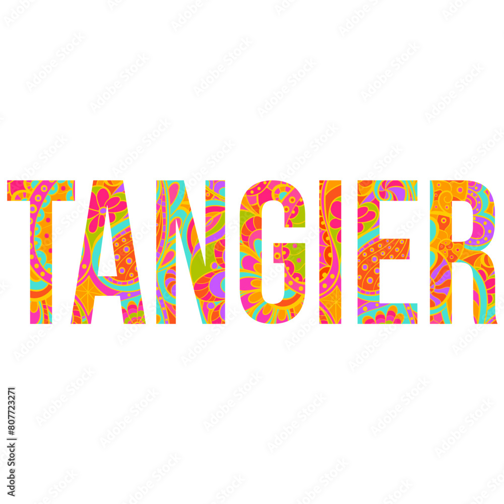 Tangier city creative text design filled with doodle pattern. Use for travel blog, festival, city event typography design, poster, headline, card, logo, tshirt print Tangier city creative text design filled with doodle pattern. Use for travel blog, festival, city event typography design, poster, headline, card, logo, tshirt print