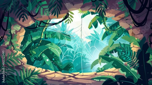 An old rocky cavern interior with trees, lianas, and green plants in a tropical rainforest landscape. Cartoon illustration of an old rocky cavern interior with a view of a tropical summer landscape.