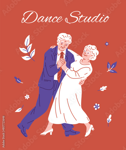 Joyful dance of elderly people - vector illustration for advertising flyer.