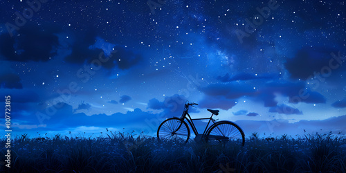  A bicycle resting in grass under a starry night sky.
