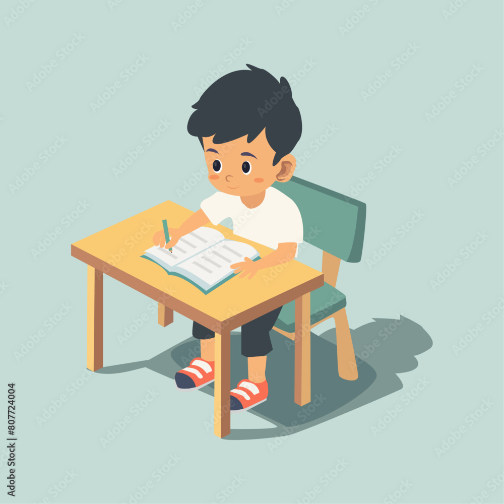 Vector illustration depicts a young boy deeply focused on his studies, sitting at a desk with a book and pencil Vector illustration depicts a young boy deeply focused on his studies, sitting at a desk with a book and pencil
