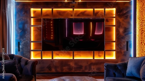 A TV lounge with a wall-mounted TV framed by a grid of LED strips, creating a futuristic ambiance, with plush velvet seating