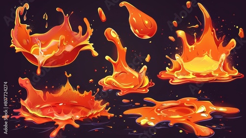 The 2d magic liquid volcano lava puddle cartoon modern set with isolated orange magma flame motion, for a hell environment in a mobile game. Molten metal foundry burst explosion texture. Ui png