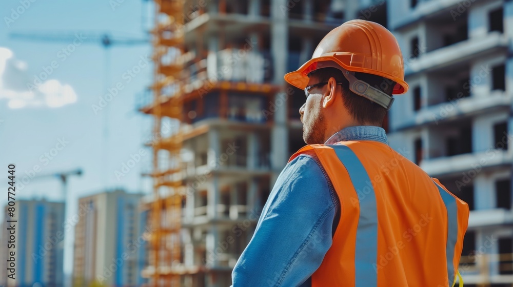Rear view of a construction worker in safety gear observing a building site under development. Rear view of a construction worker in safety gear observing a building site under development.
