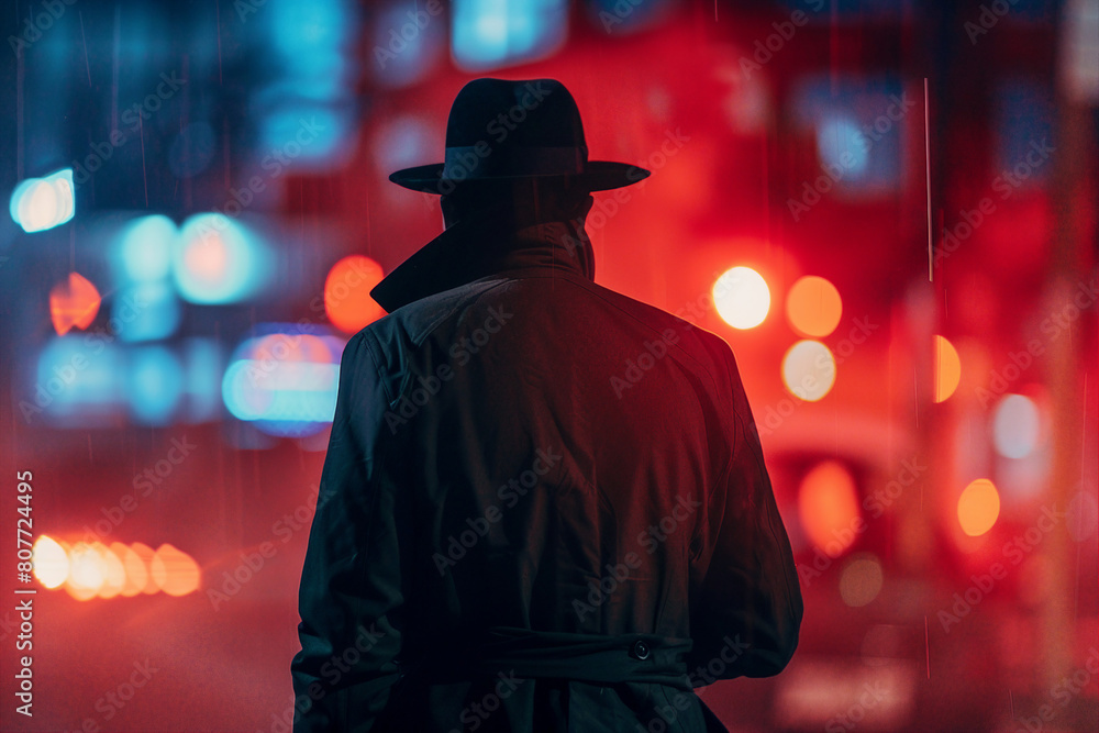 Mysterious man in trench coat under the rain at night in style of film 80s generative AI
