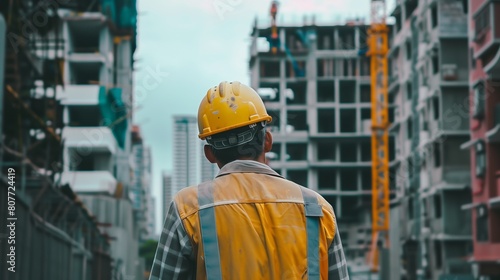 Back view of a construction worker in a yellow helmet at a building site.