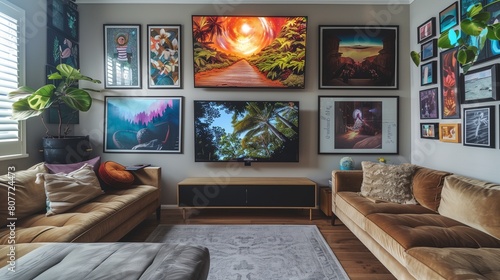 A TV lounge with a wall-mounted TV surrounded by a gallery of contemporary art prints, each piece telling a unique story, with a plush velvet sectional sofa photo