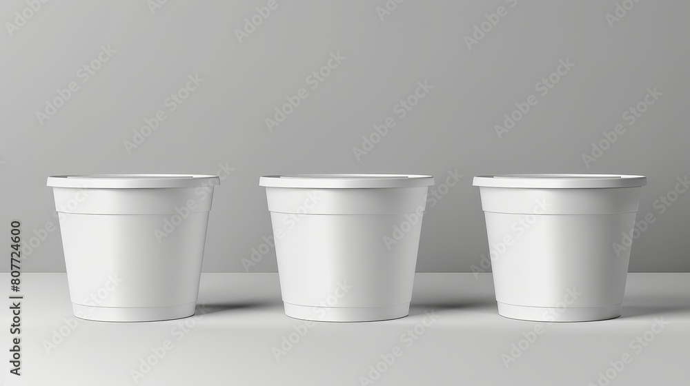 An isolated image of a white plastic ice cream bucket container mockup. A mockup of a 3d yogurt paper round cup modern. A realistic frozen food packaging template for branding. An isolated image of a white plastic ice cream bucket container mockup. A mockup of a 3d yogurt paper round cup modern. A realistic frozen food packaging template for branding.