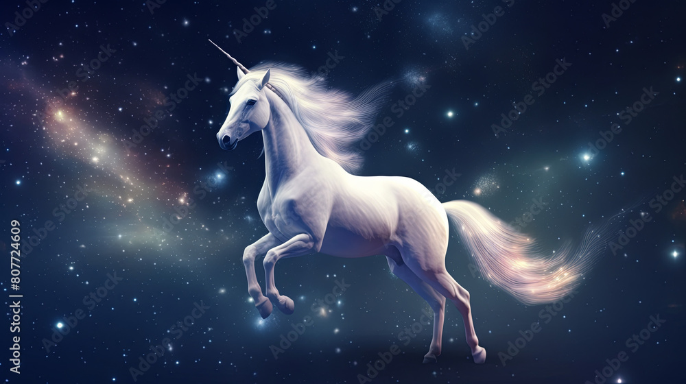 A graceful unicorn with flowing mane and tail, surrounded by shimmering stars and celestial bodies, a sense of magic and wonder, set against a tranquil night sky, Illustration, digital painting with a A graceful unicorn with flowing mane and tail, surrounded by shimmering stars and celestial bodies, a sense of magic and wonder, set against a tranquil night sky, Illustration, digital painting with a