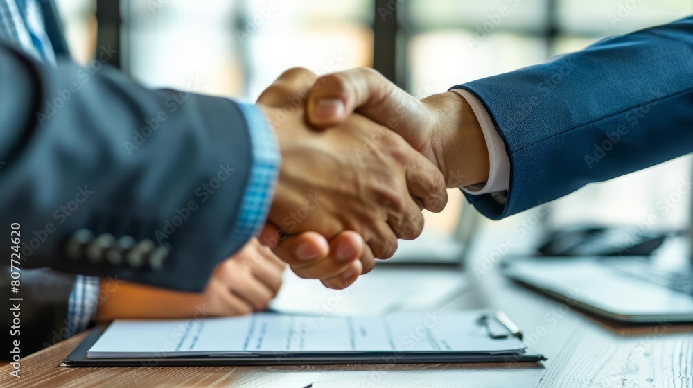 Businessmen shaking hands after misthralnig to work together and make a contract in the office Close up of two business men handshaking at a desk with documents on the table Concep Businessmen shaking hands after misthralnig to work together and make a contract in the office Close up of two business men handshaking at a desk with documents on the table Concep