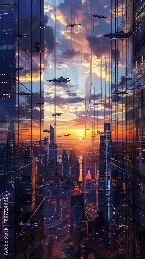 Sunset over a futuristic city