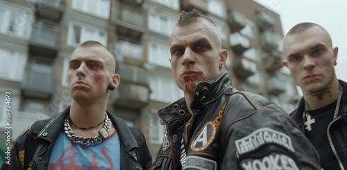 Three young men with aggressive punk styles and facial injuries stand before a residential building. © Natalia