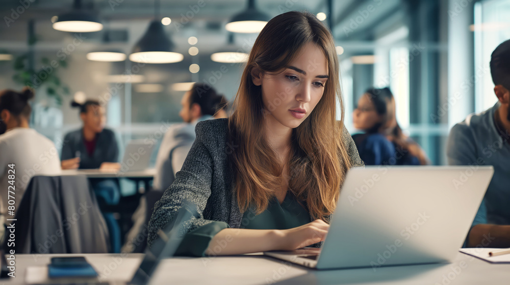 A woman sitting in front of a laptop computer, focused on her work. A woman sitting in front of a laptop computer, focused on her work.