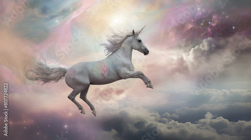 A mystical unicorn galloping through a dreamlike landscape of swirling clouds and pastel-hued skies, with stars twinkling in the distance, evoking a feeling of enchantment and whimsy, Artwork, digital