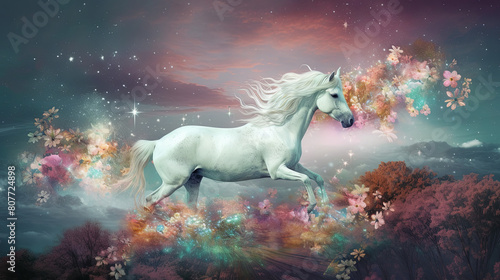 A mystical unicorn galloping through a dreamlike landscape of swirling clouds and pastel-hued skies  with stars twinkling in the distance  evoking a feeling of enchantment and whimsy  Artwork  digital