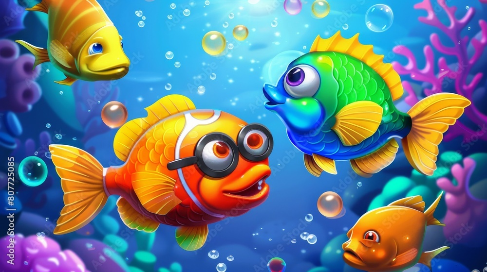 Interface with fish slot icon in underwater game. Modern icon design for match 3 element with button. Progress bar with clown, angler, and piranha undersea objects.