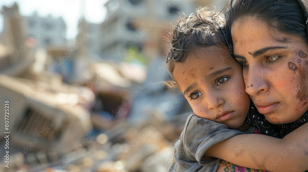 A Palestinian mother cried with her young child in her arms, her face sad and helpless, behind the ruins of the city under the war A Palestinian mother cried with her young child in her arms, her face sad and helpless, behind the ruins of the city under the war
