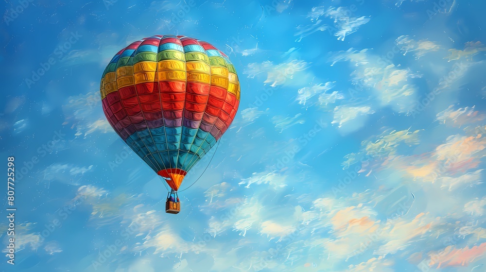 A colorful hot air balloon floats in the clear blue sky landscape abstract art poster background A colorful hot air balloon floats in the clear blue sky landscape abstract art poster background