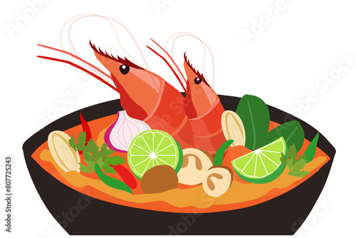 Tom Yum Kung soup Thai spicy famous food design isolated vector illustration.Thai traditional food concept