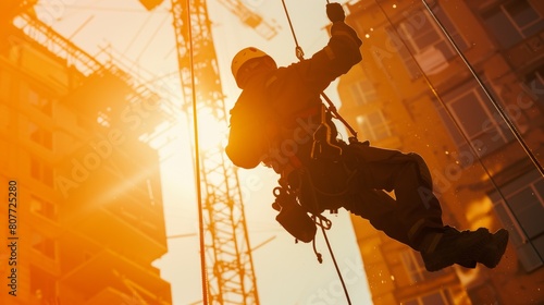 Silhouette of a construction worker rappelling down a building facade at sunset with cranes in the background.