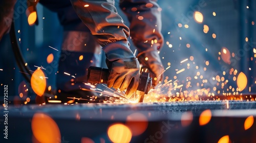 Close-up of a worker using an angle grinder to cut steel with sparks flying around in a workshop. photo