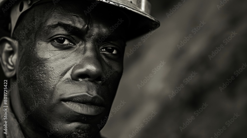 Close-up portrait of a black male worker with a reflective expression wearing a hard hat. Close-up portrait of a black male worker with a reflective expression wearing a hard hat.