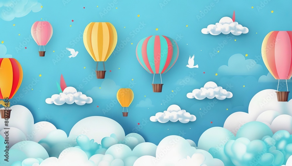 Obraz premium Colorful hot air balloons float through a clear blue sky. The hot air balloons are red, yellow, blue, green, and pink. The sky is dotted with fluffy white clouds.