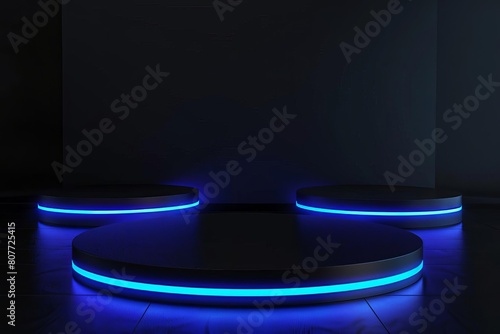 Create a 3D rendering of a dark room with three empty pedestals