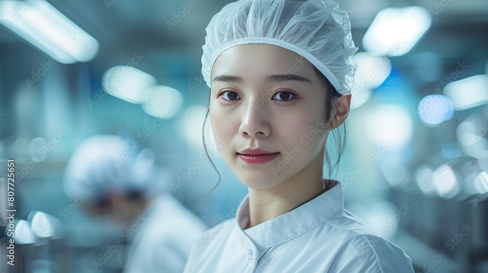 Woman wearing a white doctor's hat She works meticulously, inspecting sensitive equipment or conducting scientific experiments. The background is blurry but looks clean and simple. Woman wearing a white doctor's hat She works meticulously, inspecting sensitive equipment or conducting scientific experiments. The background is blurry but looks clean and simple.