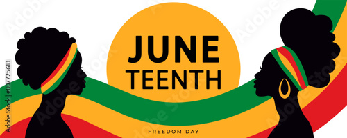 Black silhouettes of African American women in profile on the Juneteenth banner. Black History Month. Celebrating racial equality, freedom and human rights. Vector illustration