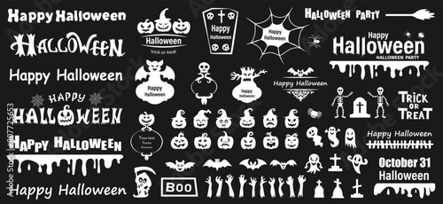 Halloween lettering quotes. Set of silhouettes of Halloween on a black background. Vector illustration