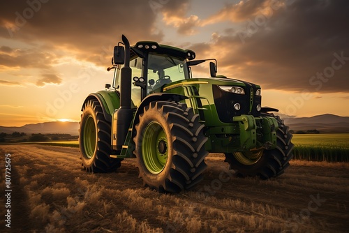 Agricultural tractor in the field at sunset. Agricultural machinery.